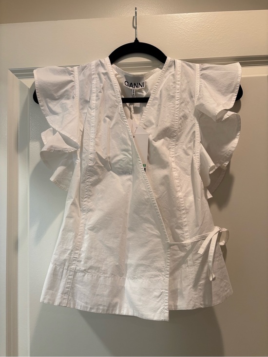 Ganni Tops - Ganni White Ruffled Sleeve Wrap Top